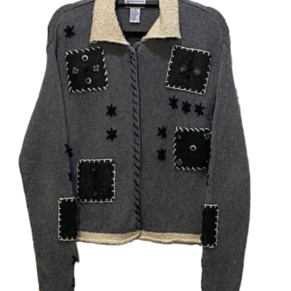 VINTAGE BRIDGEWATER Womens Gray Cream Patch Button Cardigan Size M Art to Wear - Picture 2 of 6